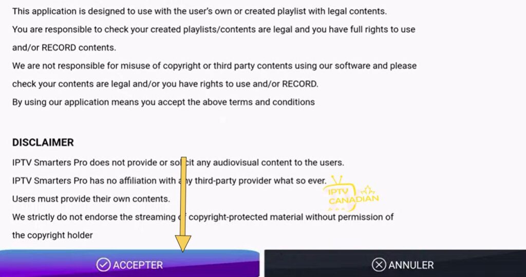 Accepter les termes et conditions d'IPTV SMARTERS Pro