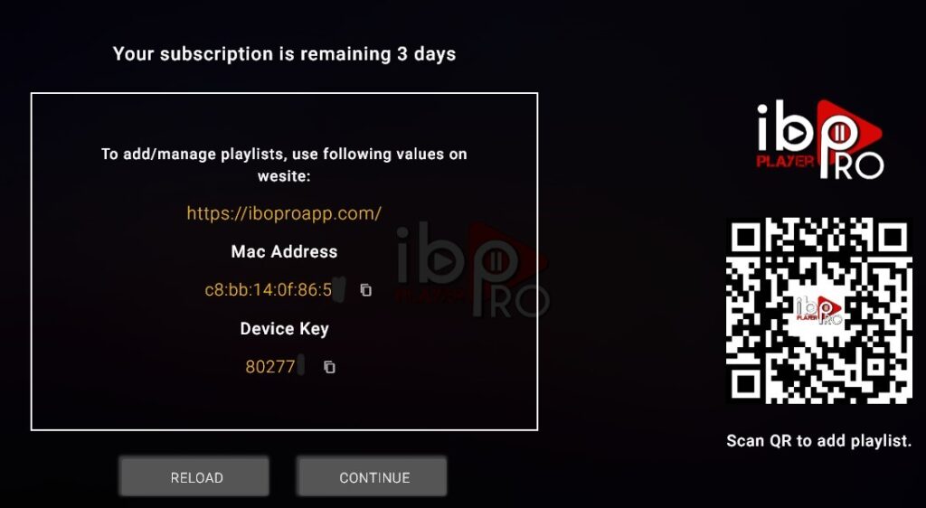 configurer IBO PLAYER avec l'adresse MAC et la clé de l'appareil 